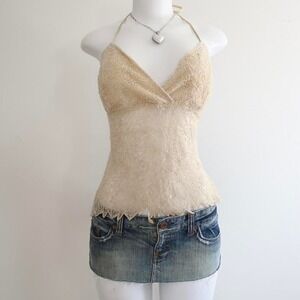 y2k champagne beaded mesh halter top size S